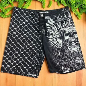 MMA Elite Y2K Vintage Combat Fighting Board Shorts Skulls Black White Mens XL